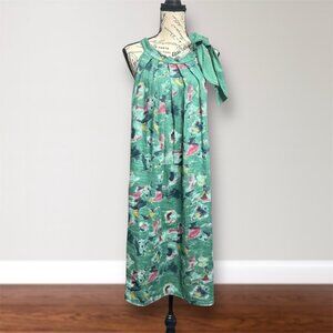 Bellambra Linen Midi Dress Green Floral Boho Art to Wear Italy‎ Bow Tie Womens L